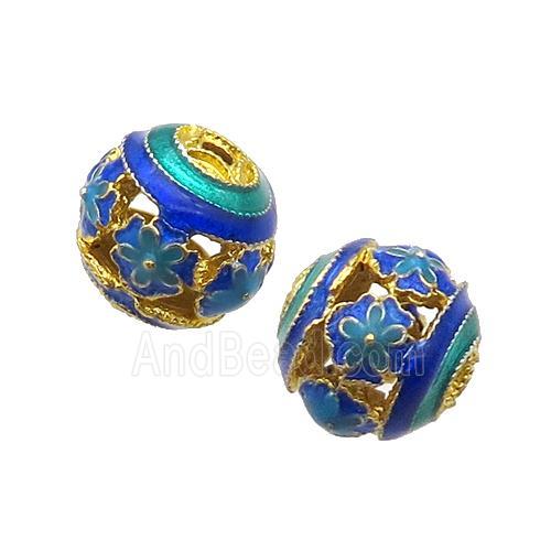 Alloy Round Beads Blue Enamel Hollow Gold Plated