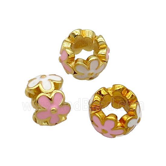 Copper Flower Beads White Pink Enamel Large Hole Gold Plated
