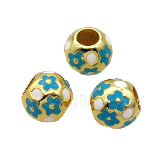 Copper Round Beads White Teal Enamel Large Hole Gold Plated
