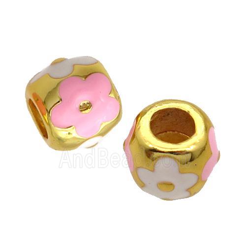 Copper Barrel Beads Pink White Enamel Large Hole Gold Plated
