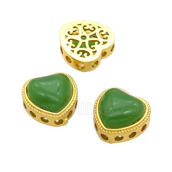Copper Heart Beads Pave Green Jade Gold Plated