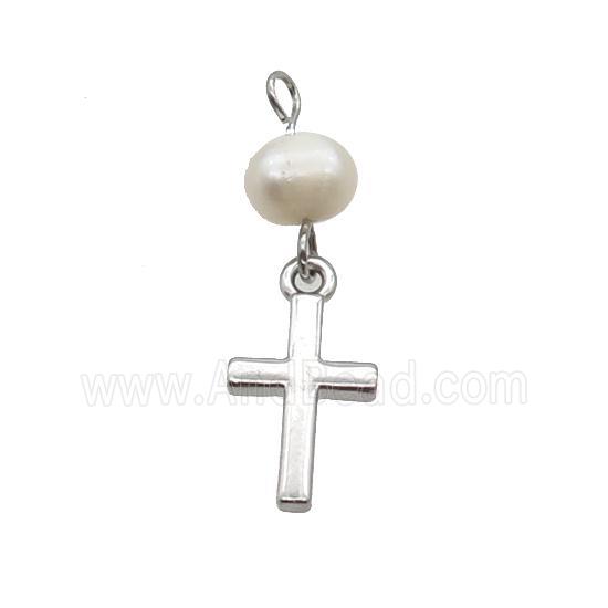 Copper Cross Pendant With Pearl Platinum Plated