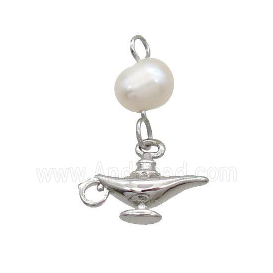 Copper Pendant With Pearl Aladdin Lamp Platinum Plated