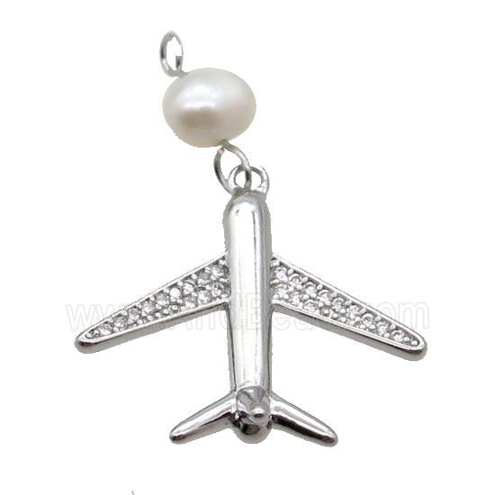Copper Airplane Pendant Pave Zircon With Pearl Platinum Plated