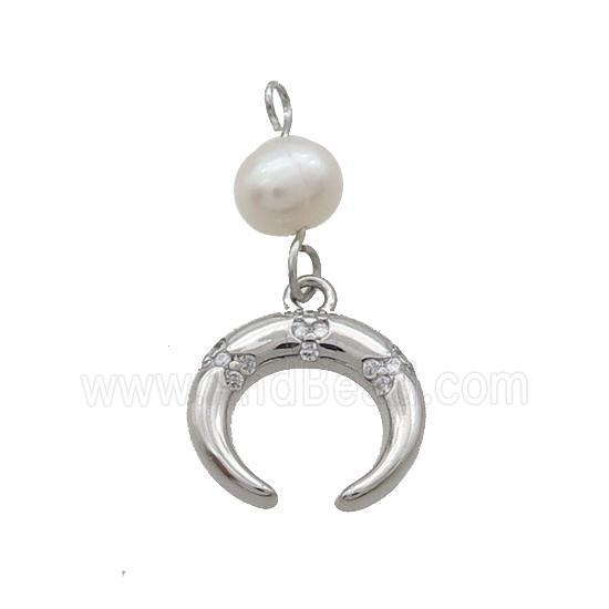 Copper Crescent Pendant Pave Zircon With Pearl Platinum Plated