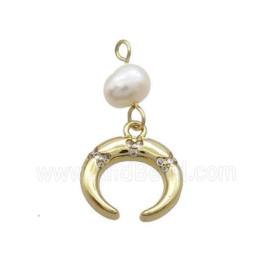 Copper Crescent Pendant Pave Zircon With Pearl Gold Plated