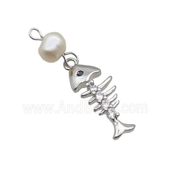 Copper Fishbone Pendant With Pearl Platinum Plated