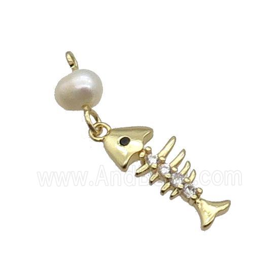 Copper Fishbone Pendant With Pearl Gold Plated