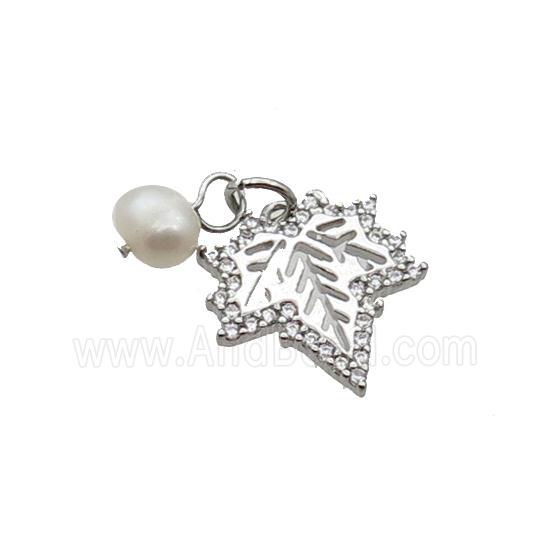 Copper Maple Leaf Pendant Pave Zircon With Pearl Platinum Plated