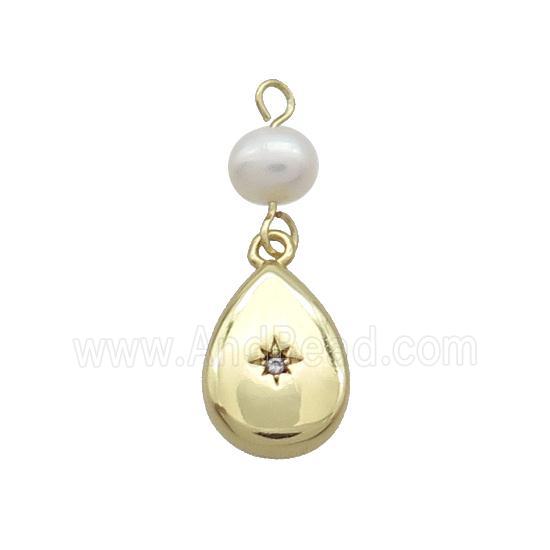 Copper Teardrop Pendant Pave Zircon With Pearl Gold Plated