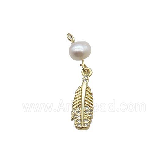 Copper Feather Pendant Pave Zircon With Pearl Gold Plated