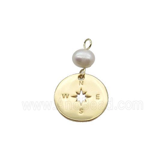 Copper Compass Pendant With Pearl Gold Plated