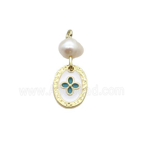 Copper Flower Pendant With Pearl White Enamel Oval Gold Plated