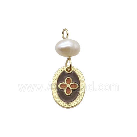 Copper Flower Pendant With Pearl Enamel Oval Gold Plated