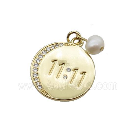 Copper Circle Pendant Pave Zircon With Pearl Double Eleven Gold Plated