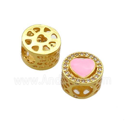 Copper Butter Beads Pave Zircon Pink Enamel Heart Large Hole Gold Plated
