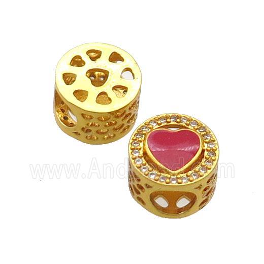 Copper Butter Beads Pave Zircon Red Enamel Heart Large Hole Gold Plated