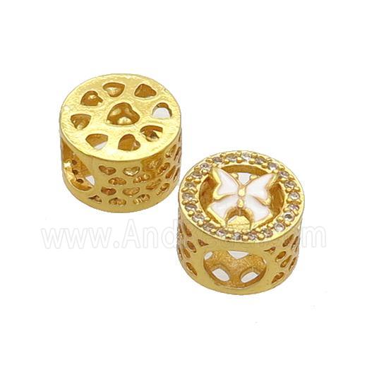 Copper Butter Beads Pave Zircon White Enamel Butterfly Large Hole Gold Plated