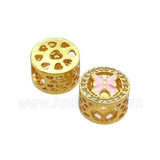 Copper Butter Beads Pave Zircon Pink Enamel Butterfly Large Hole Gold Plated