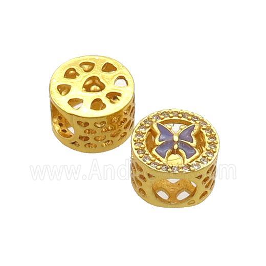 Copper Butter Beads Pave Zircon Purple Enamel Butterfly Large Hole Gold Plated
