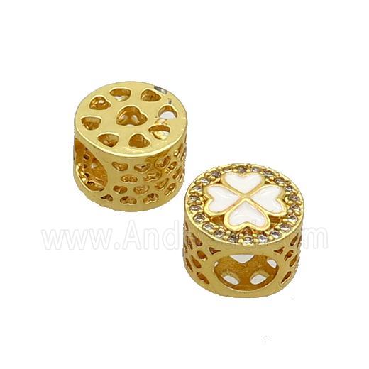 Copper Butter Beads Pave Zircon White Enamel Clover Large Hole Gold Plated