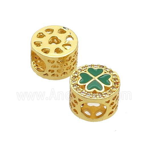 Copper Butter Beads Pave Zircon Green Enamel Clover Large Hole Gold Plated