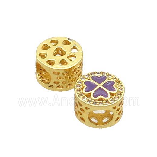 Copper Butter Beads Pave Zircon Purple Enamel Clover Large Hole Gold Plated