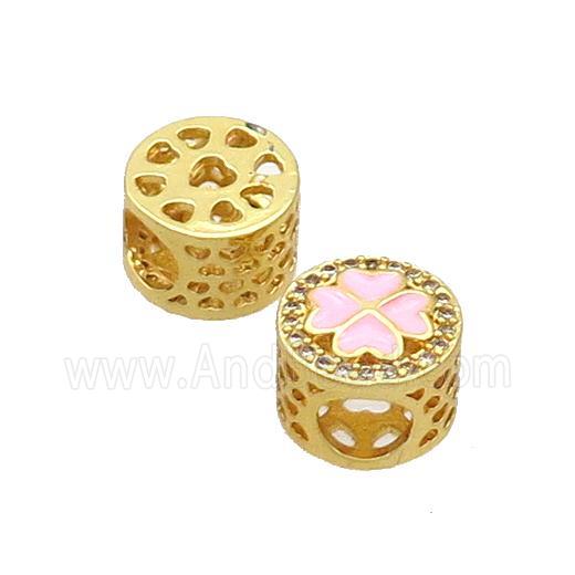 Copper Butter Beads Pave Zircon Pink Enamel Clover Large Hole Gold Plated