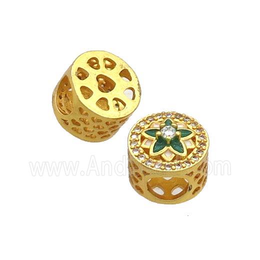 Copper Butter Beads Pave Zircon Green Enamel Flower Large Hole Gold Plated