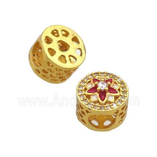 Copper Butter Beads Pave Zircon Red Enamel Flower Large Hole Gold Plated