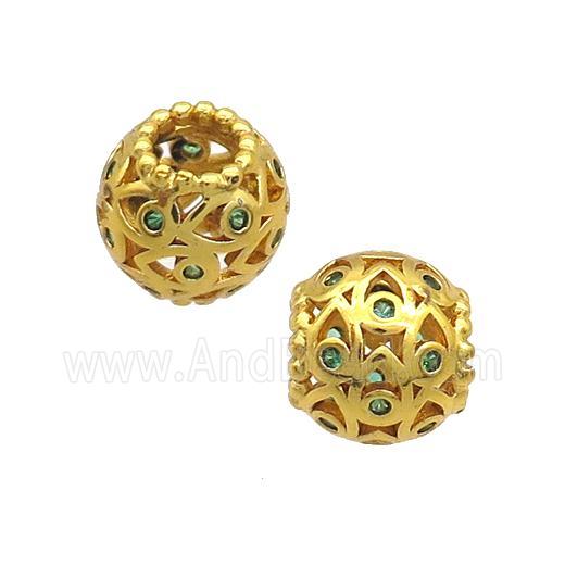 Copper Round Beads Pave Green Zircon Large Hole Gold Plated