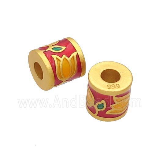 Copper Tube Beads Red Enamel Lotus Large Hole Unfade Gold Plated