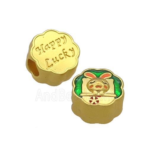 Copper Button Circle Beads Rabbit Green Enamel Large Hole Unfade Gold Plated