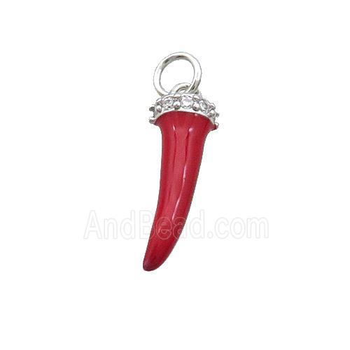 Copper Horn Pendant Red Enamel Chili Platinum Plated