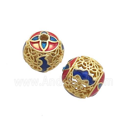 Copper Round Beads Red Blue Cloisonne Hollow Gold Plated