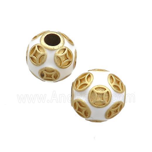 Copper Round Beads White Enamel Large Hole Gold Plated