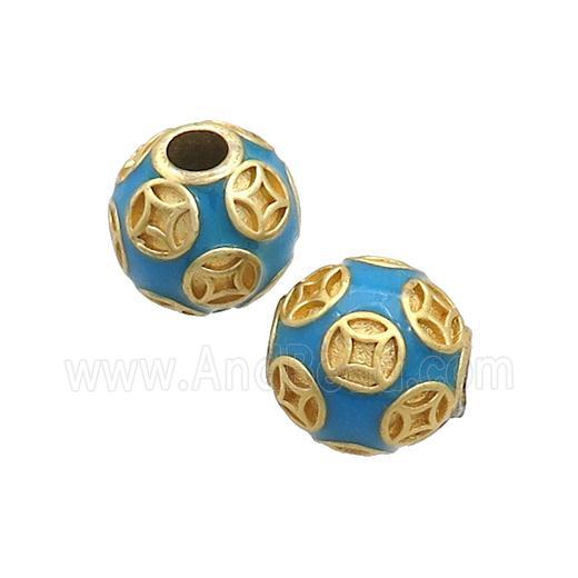 Copper Round Beads Blue Enamel Large Hole Gold Plated