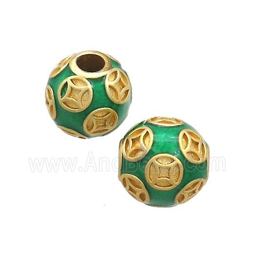 Copper Round Beads Green Enamel Large Hole Gold Plated