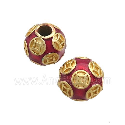 Copper Round Beads Red Enamel Large Hole Gold Plated