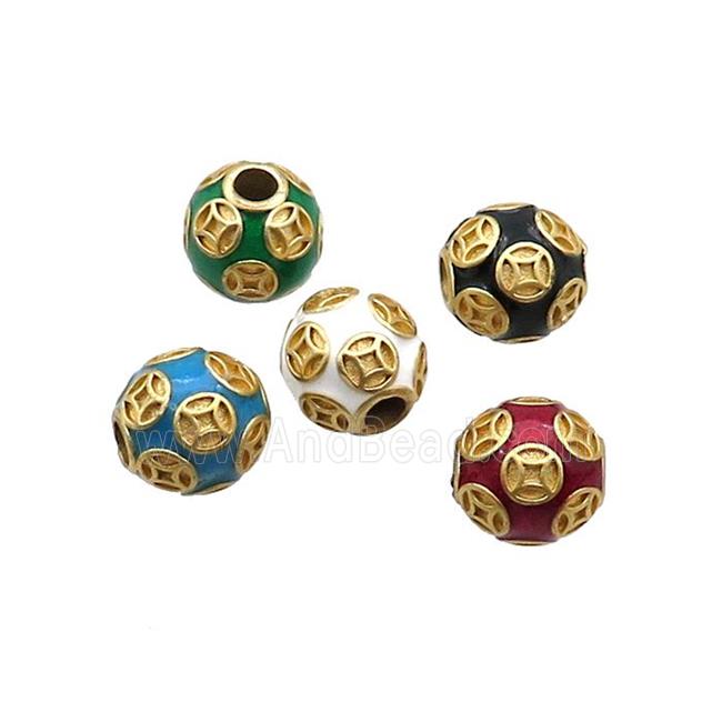 Copper Round Beads Enamel Large Hole Gold Plated Mixed Color