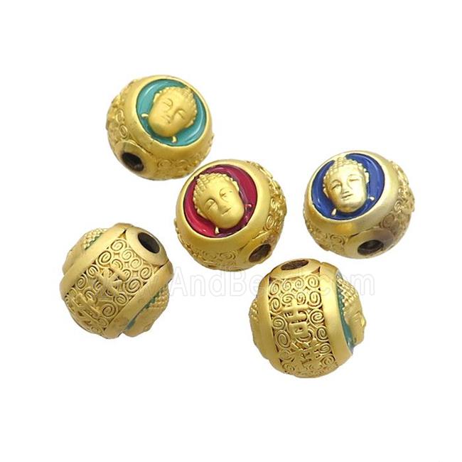 Copper Buddha Beads Enamel Large Hole Gold Plated Mixed Color