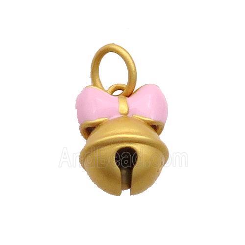 Copper Bell Pendant Pink Enamel Bowknot 18K Gold Plated