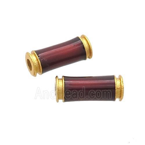 Copper Tube Beads DarkRed Enamel 18K Gold Plated