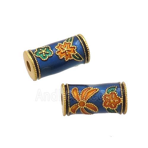 Copper Tube Beads Blue Cloisonne 18K Gold Plated