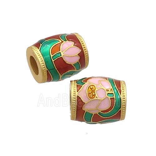 Copper Barrel Beads Cloisonne Flower Large Hole 18K Gold Plated