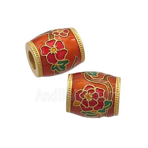 Copper Barrel Beads Red Cloisonne Flower Large Hole 18K Gold Plated