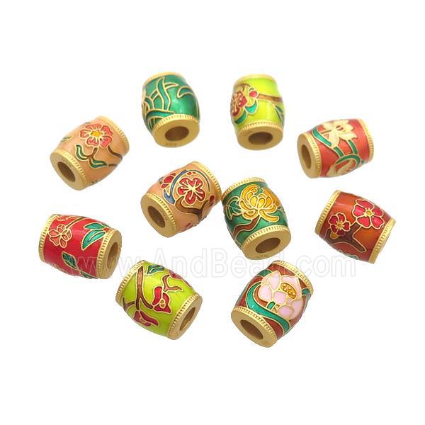 Copper Barrel Beads Cloisonne Flower Large Hole 18K Gold Plated Mixed
