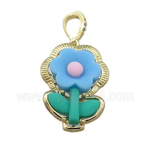 Blue Resin Flower Pendant Gold Plated