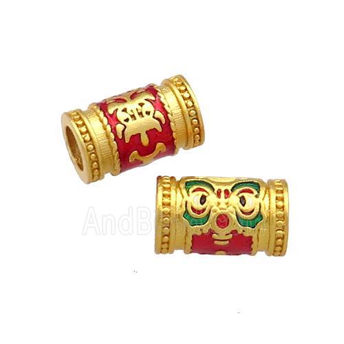 Copper Tube Beads Red Cloisonne Large Hole 18K Gold Plated
