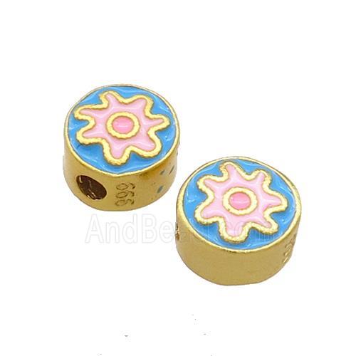 Copper Coin Beads Blue Pink Enamel 18K Gold Plated